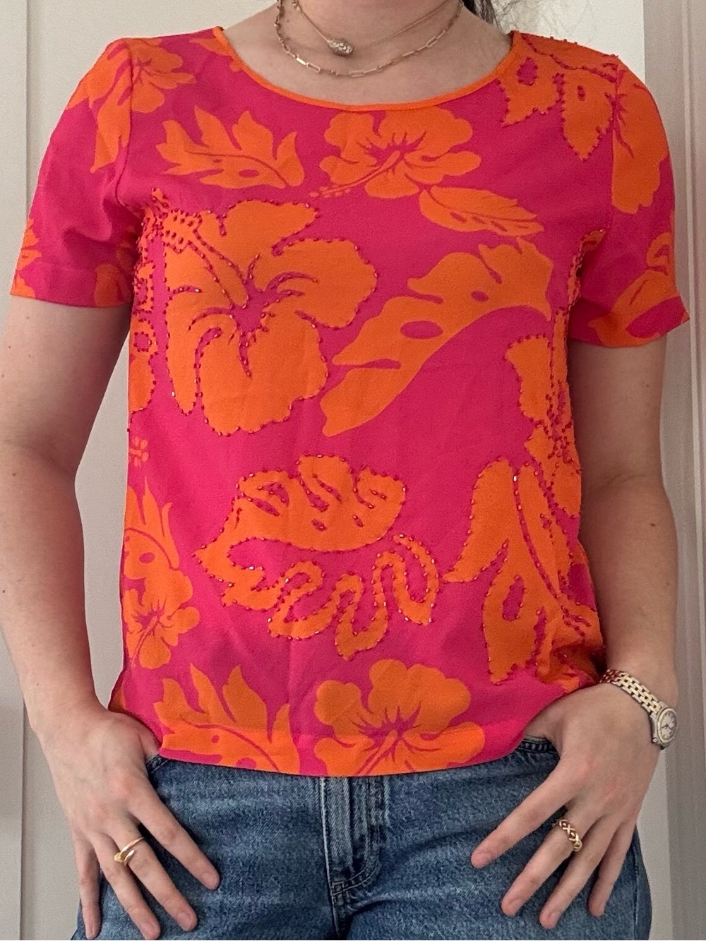 Hale Bob Beaded Hibiscus Floral Crop Top Pink Orange Size S